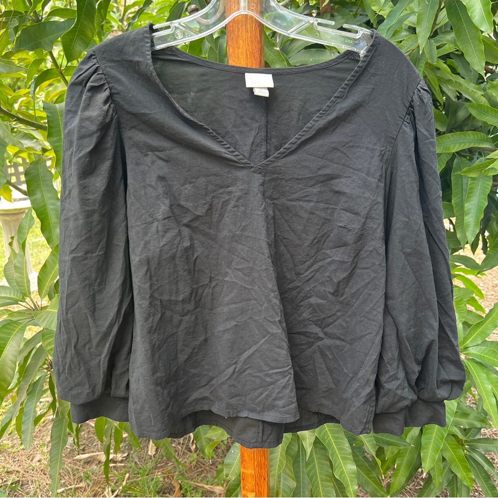A New Day Womens Black Long Balloon Sleeve V Neck Blouse Size Large